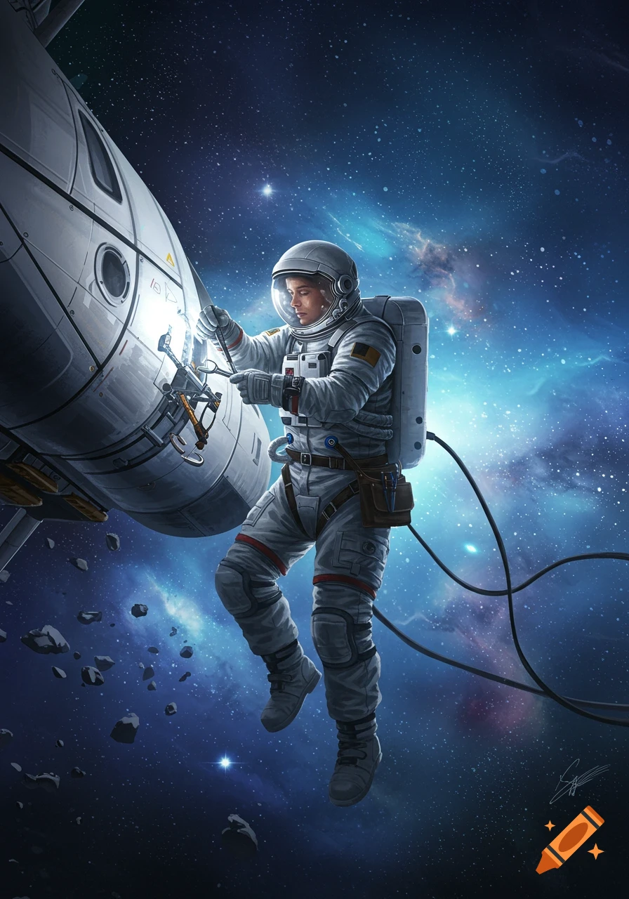 An astronaut in a spacesuit repairs a spacecraft in deep space, surrounded by stars and nebulae.