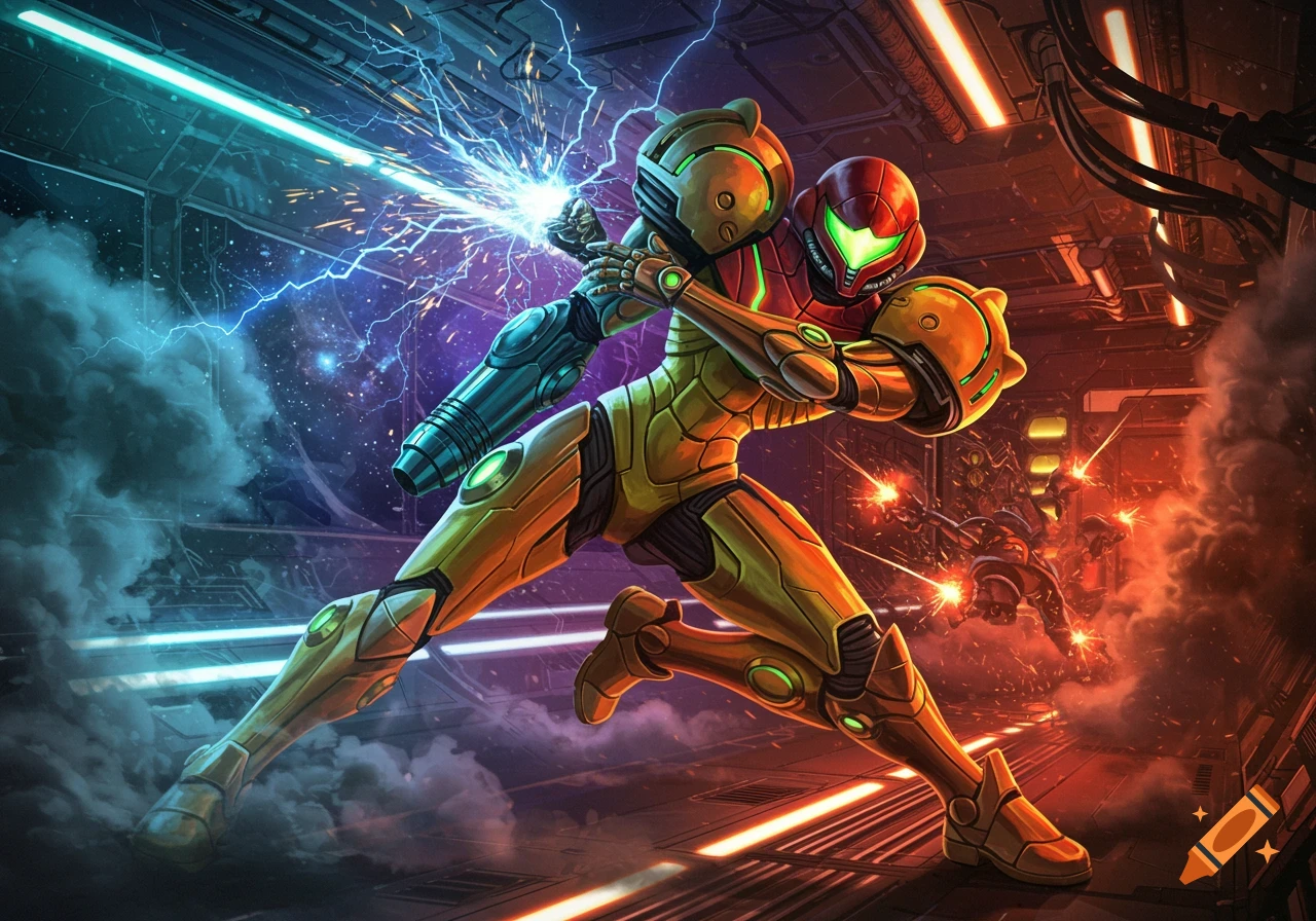 Samus Aran in a power suit fires her arm cannon in a futuristic battle scene.