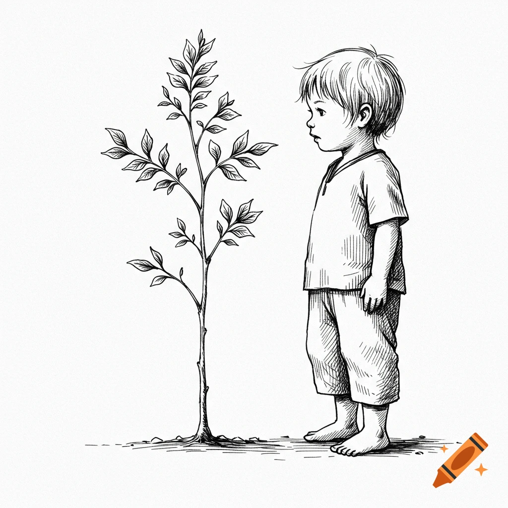 Black and white sketch of a young boy standing beside a small sapling tree, looking at it.
