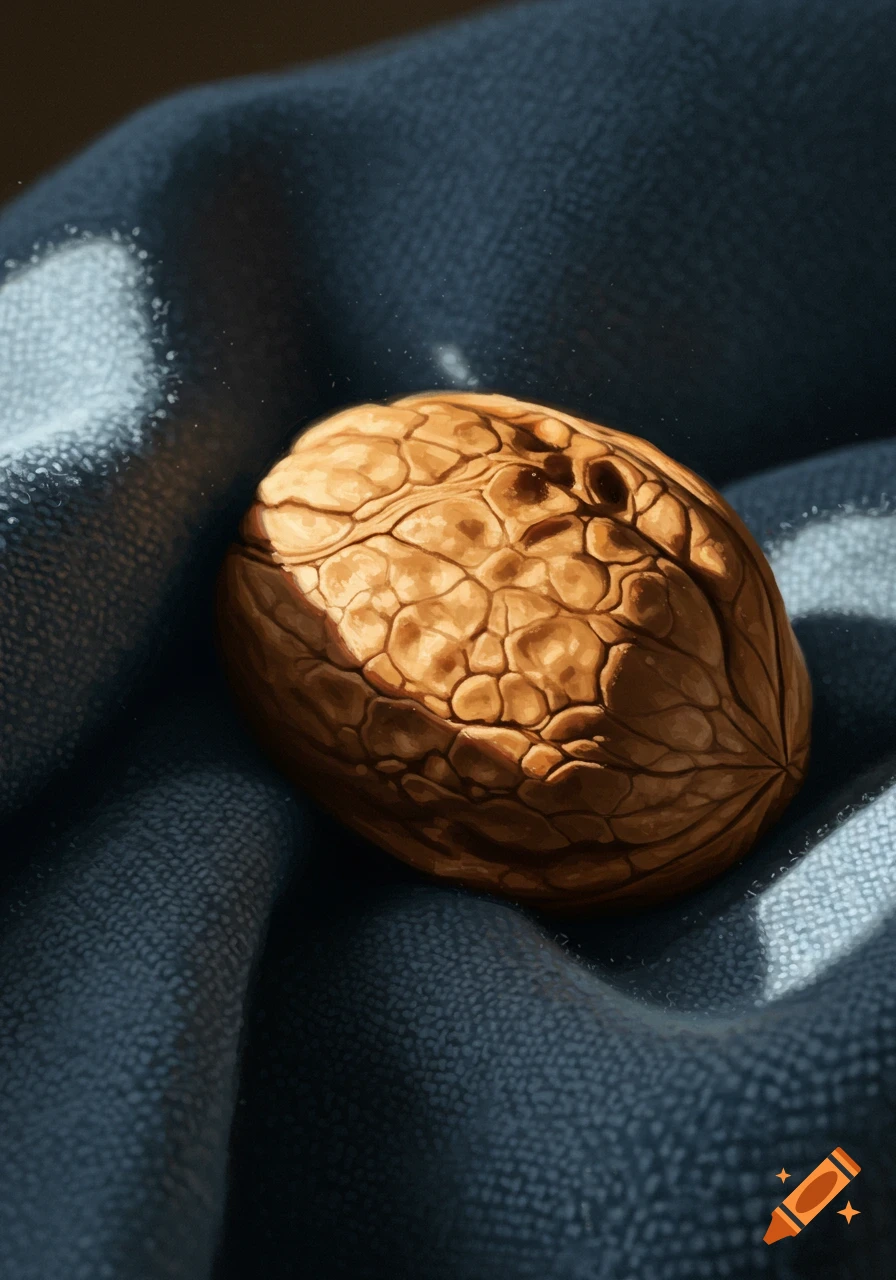 A single walnut resting on dark blue cloth, bathed in sunlight.