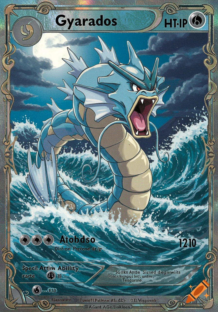 A stylized shiny Gyarados Pokemon card with the blue serpentine creature roaring in stormy seas under a full moon, framed by an ornate silver border.