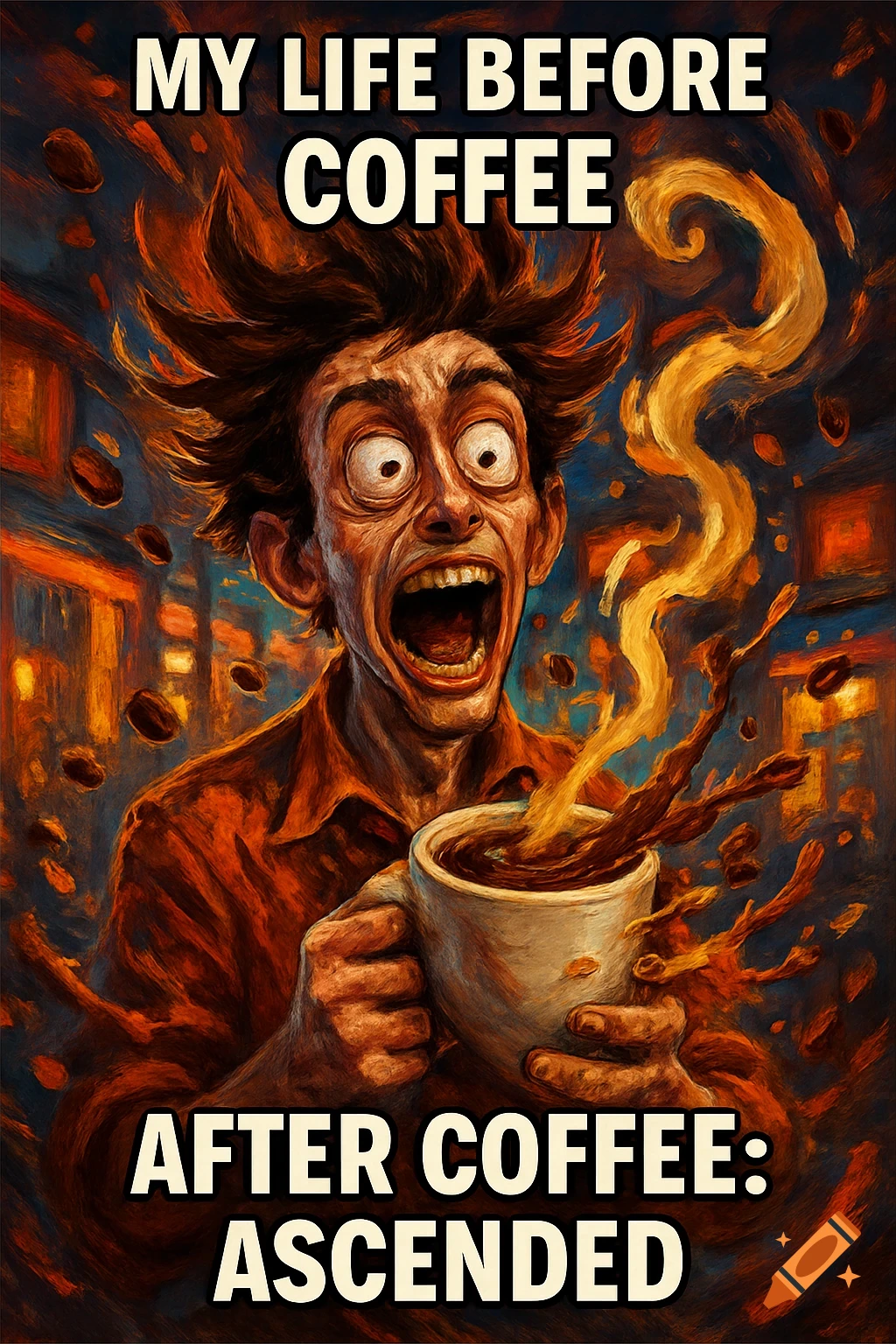 A frenzied, wide-eyed man with wild hair holds an erupting coffee cup, with text 'MY LIFE BEFORE COFFEE' and 'AFTER COFFEE: ASCENDED'.