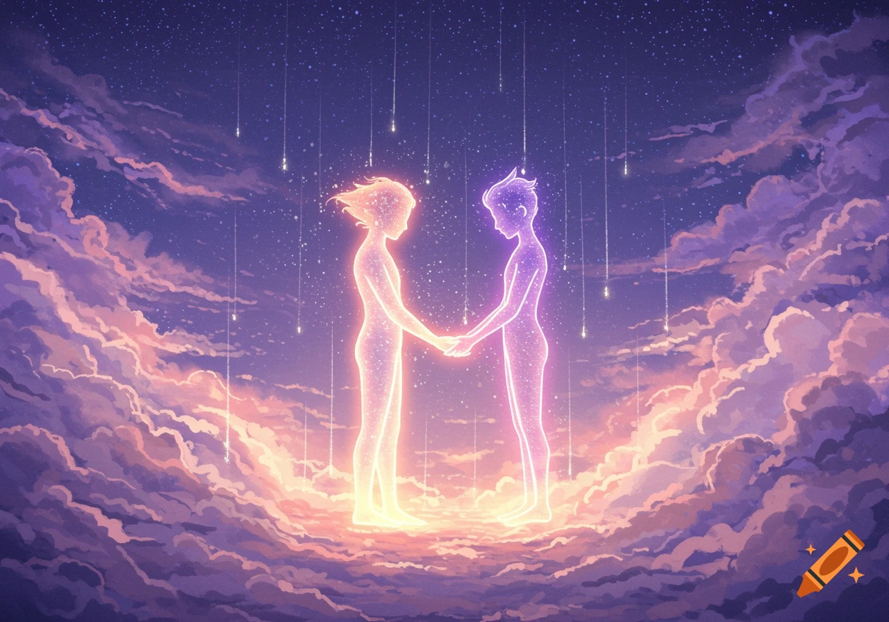 Two glowing ethereal figures, one golden-yellow and one purple, hold hands amidst vibrant clouds and a starry, falling-star sky.