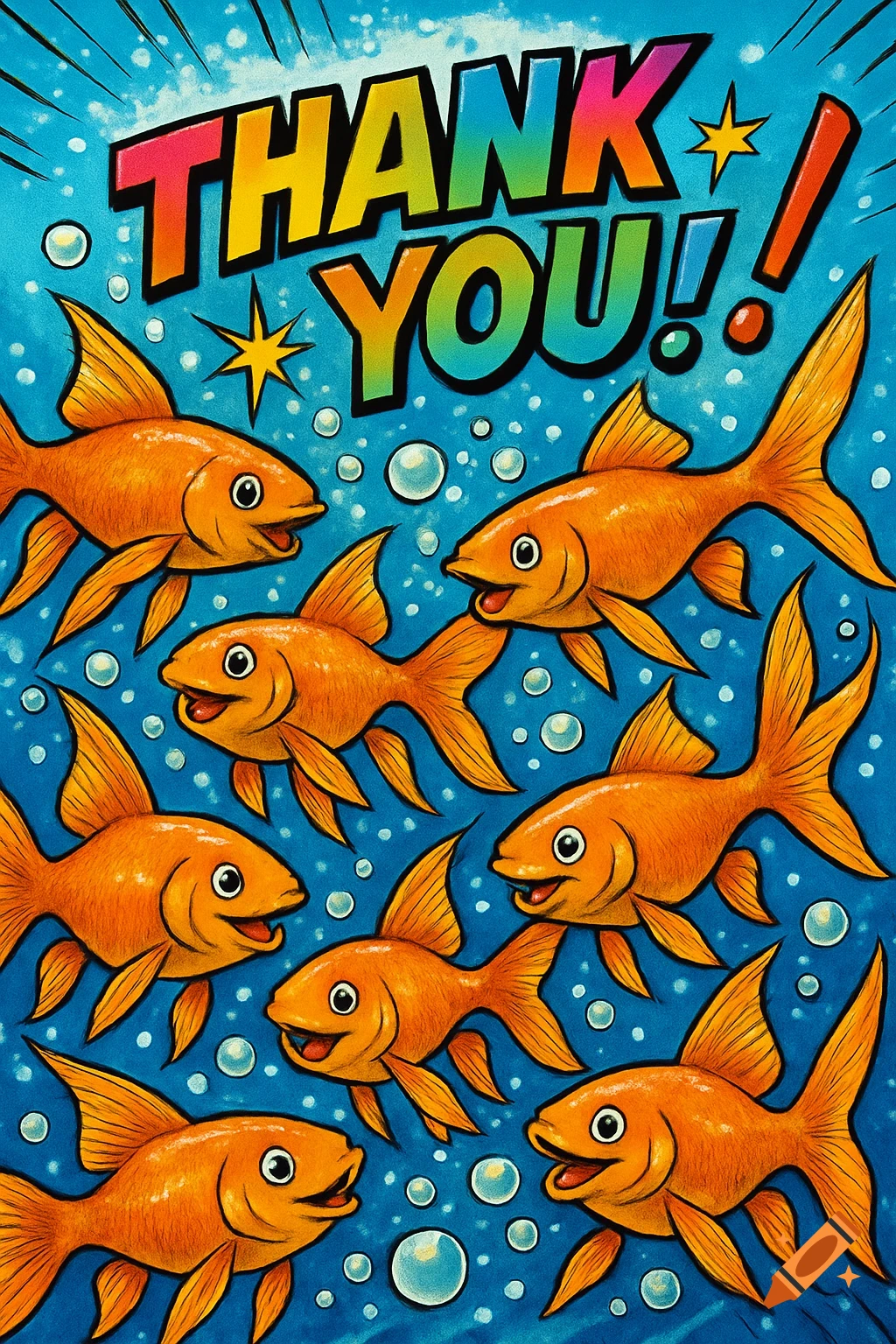 Eight cartoon orange goldfish swim in blue water with bubbles, with the words "THANK YOU!" in colorful comic book style text above them.