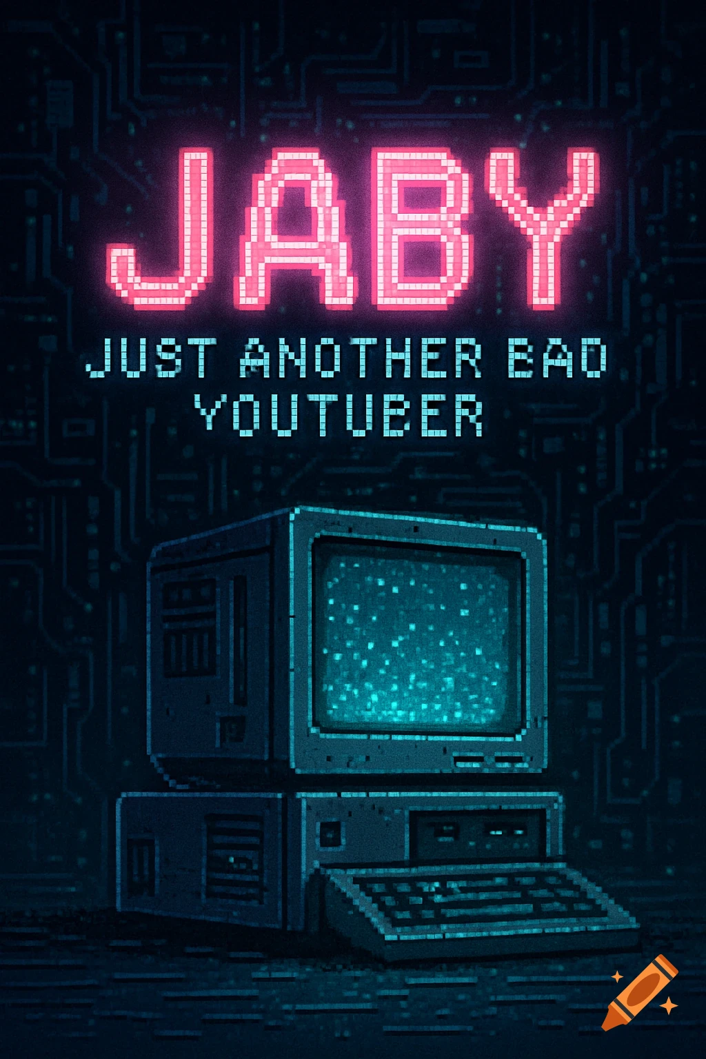 Pixel art image of a retro computer with neon pink and blue text reading 'JABY' and 'JUST ANOTHER BAD YOUTUBER' on a circuit board background.