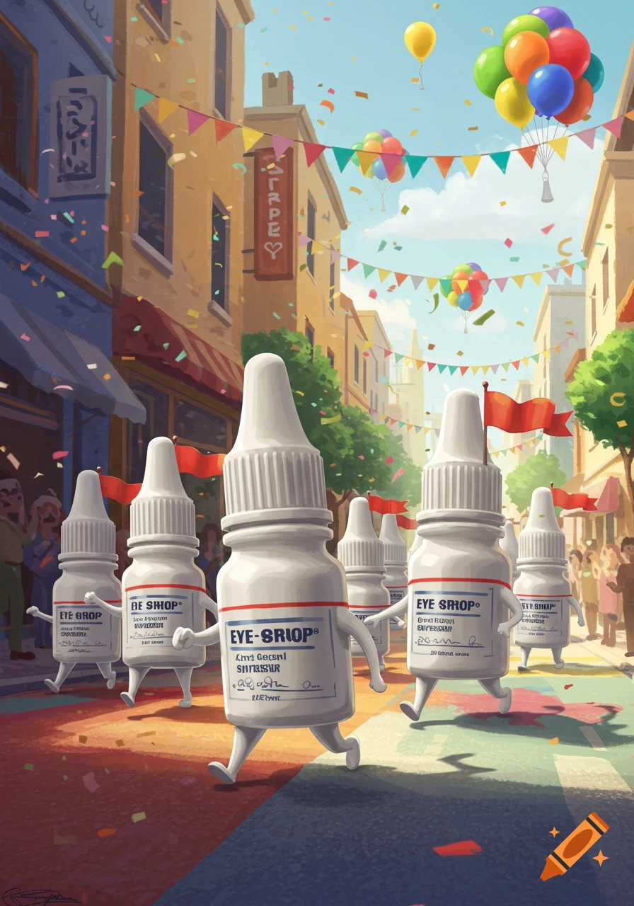 Cartoon eye drop bottles with arms and legs marching in a vibrant street parade with confetti, balloons, and colorful banners.