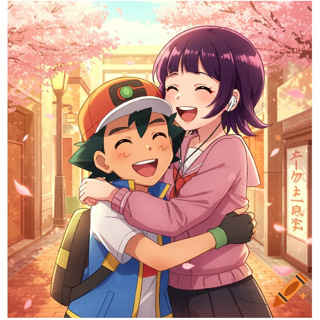 Ash Ketchum and Kyoka Jirou share a happy hug on a street lined with cherry blossom trees in an anime style.