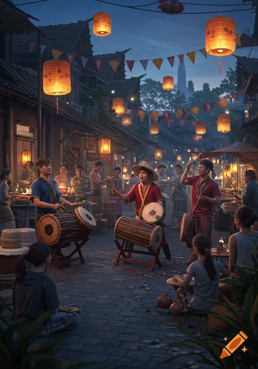 People play drums on a lantern-lit street at night, with a market scene in the background.