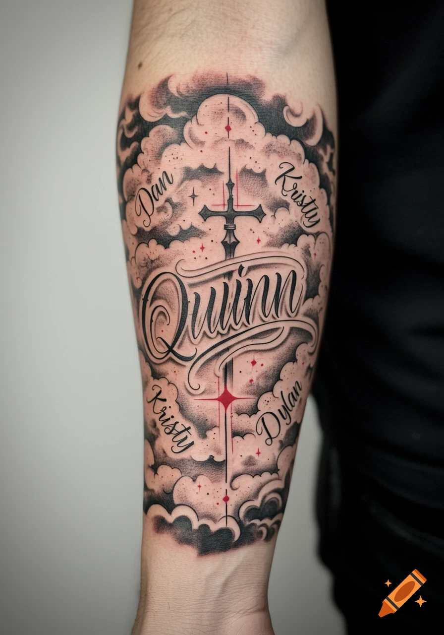 A black and grey forearm tattoo featuring names 'Quinn', 'Dan', 'Kristy', 'Dylan' amidst clouds with a central cross and red accents.