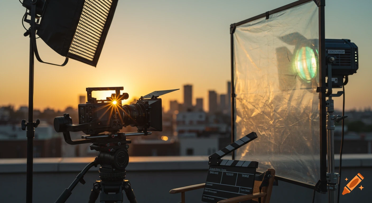 A professional film set at golden hour on a rooftop, featuring a cinema camera, LED light, diffusion frame, and a clapperboard with a city skyline in the background.