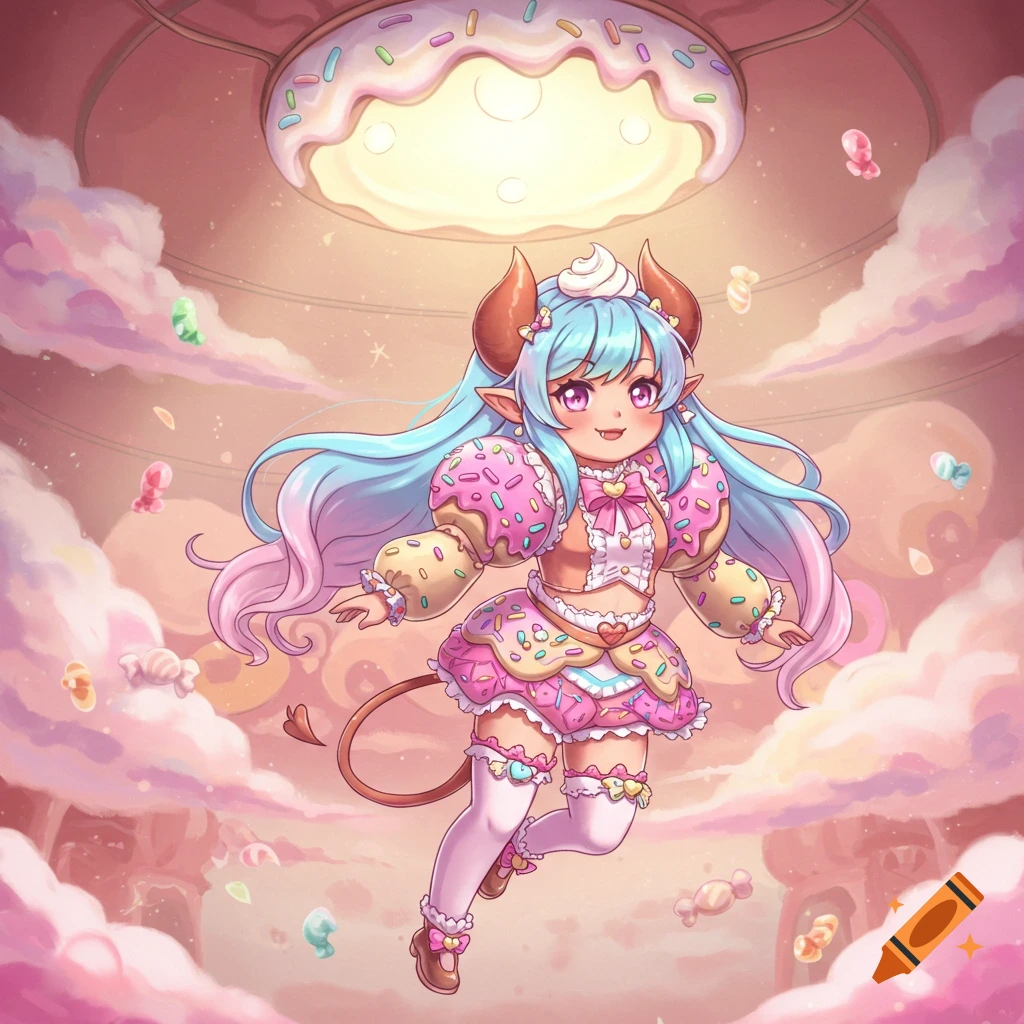 An anime demon girl with pastel hair and horns in a donut-themed outfit floats in a pink candy cloudscape with a donut light.