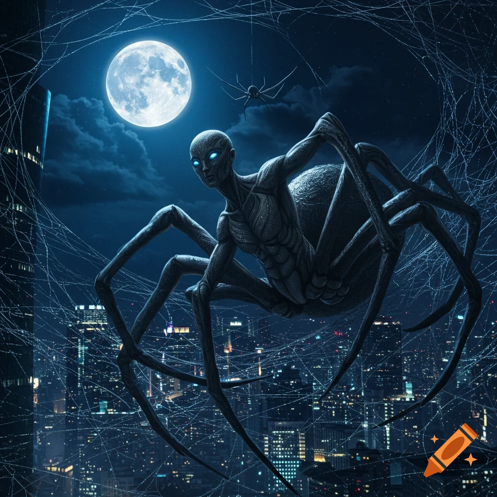 A human-spider hybrid creature with glowing eyes stands over a city at night under a full moon, surrounded by webs.