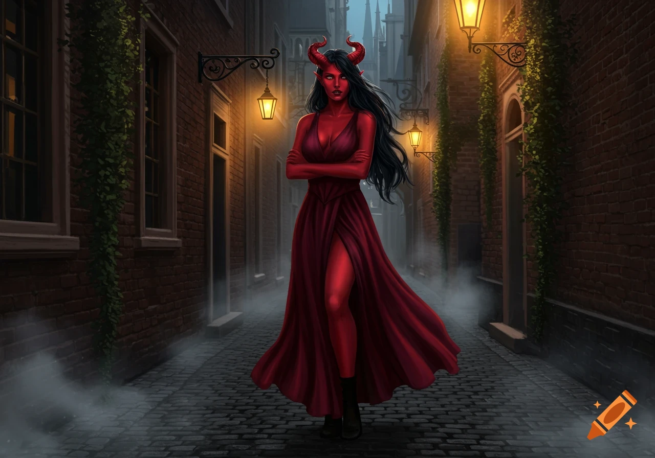 A red-skinned, horned woman with black hair in a long red dress stands with crossed arms in a dark, lamp-lit alley.