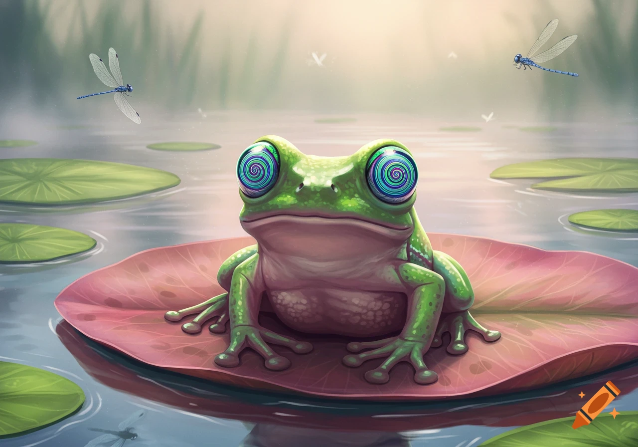 A cartoon frog with large, hypnotic spiral eyes sits on a pink lily pad in a pond with dragonflies.