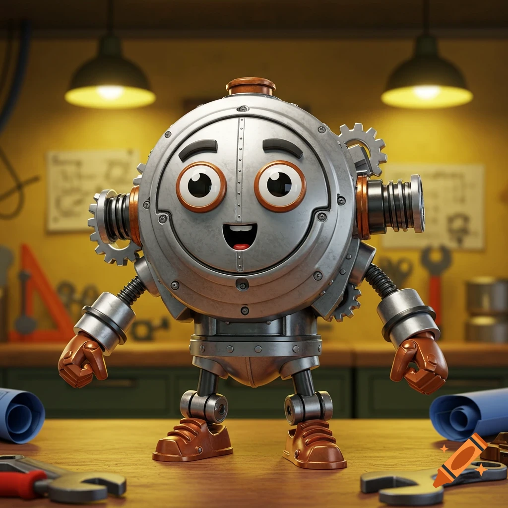 A cute, smiling robot-like character made of metal gears and parts, standing on a wooden workbench in a workshop.