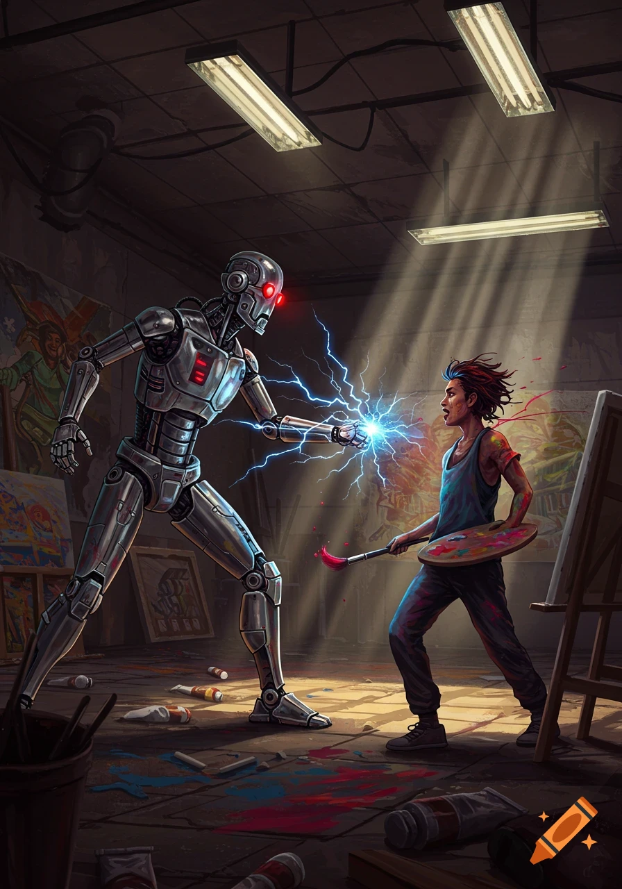 A metallic robot with glowing red eyes shoots blue electricity at an artist in a messy art studio, who defends themselves with a paintbrush.