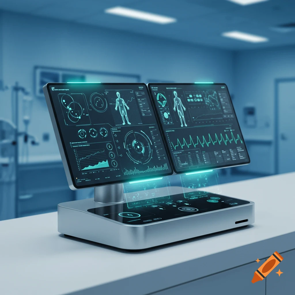 A sleek, futuristic AI healthcare device with two glowing screens displaying medical data, in a laboratory setting.