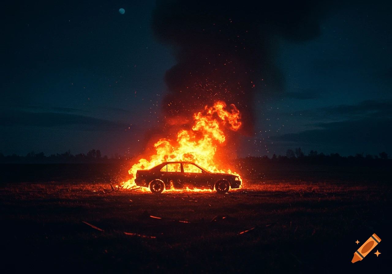 A photorealistic image of a car engulfed in flames in a dark field at night under a moonlit sky.