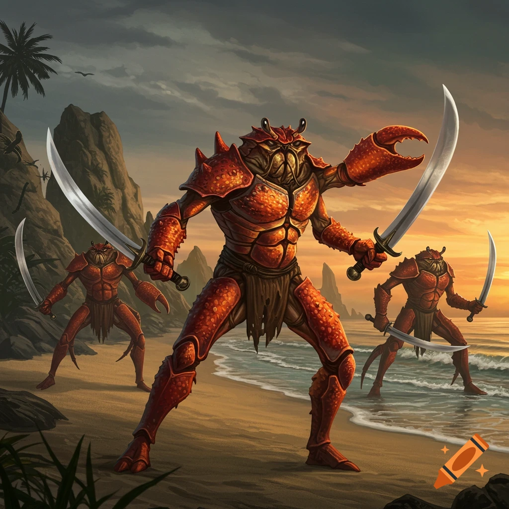 Three armored crab warriors with scimitars stand on a beach at sunset, with rocks and palm trees in a fantasy art style.