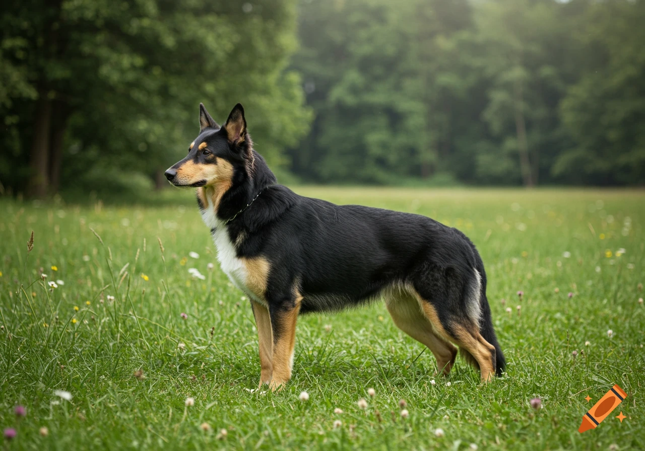 A black and tan dog with upright ears stands in a grassy field with trees in the background.