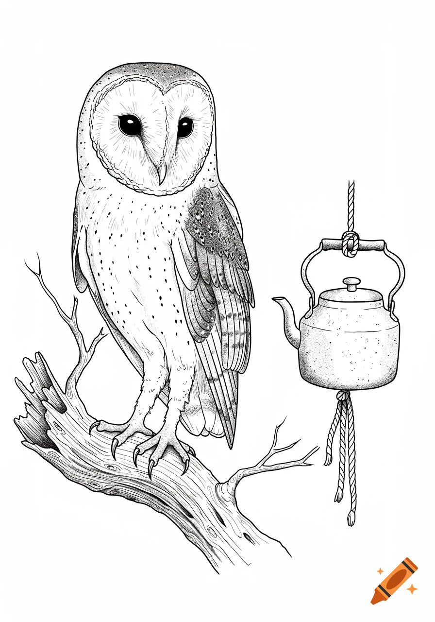 A black and white tattoo-style drawing of a barn owl perched on a branch, next to an old kettle hanging by a rope.