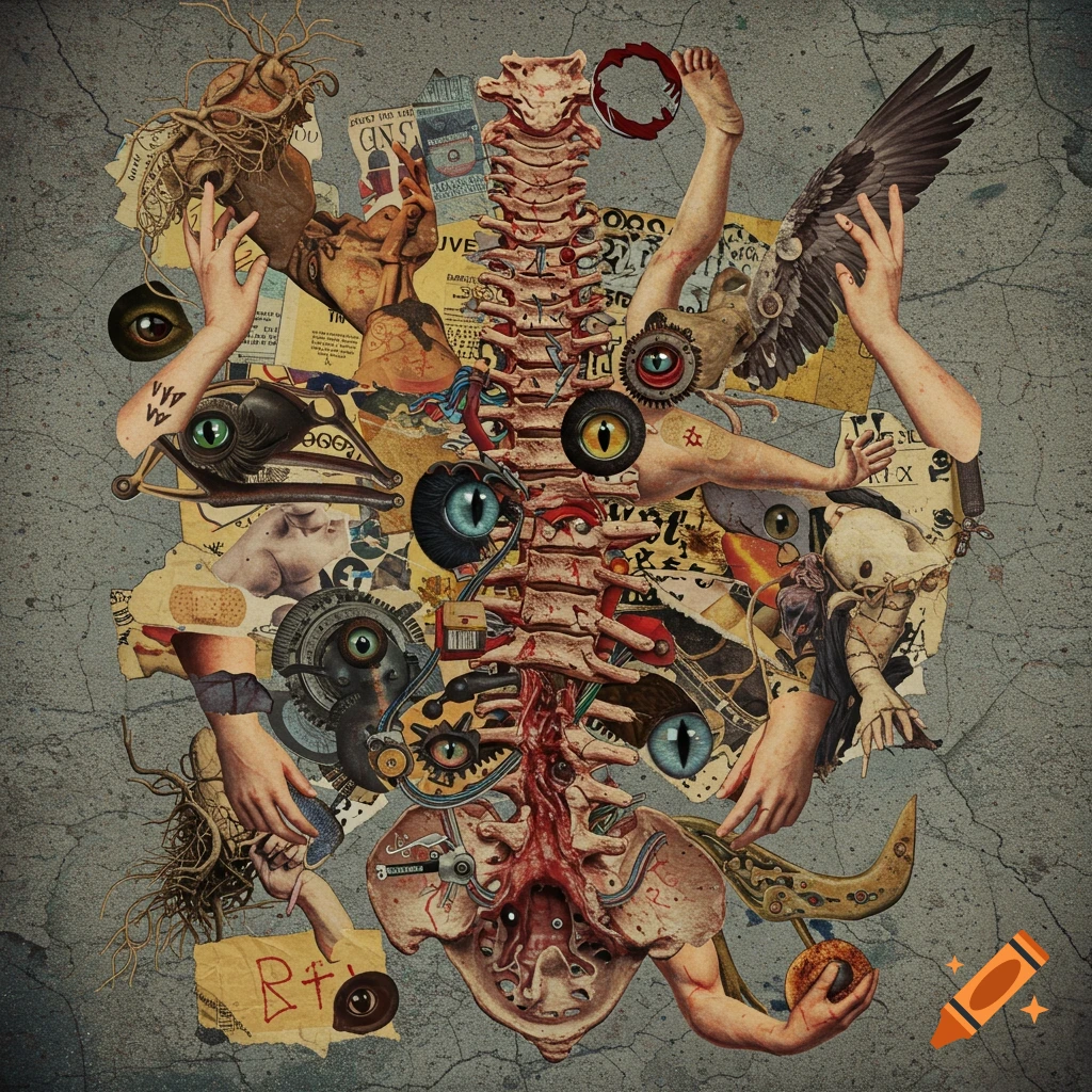 A surreal, chaotic collage depicting a human spine made of bone and mechanical parts, surrounded by fragmented limbs, eyes, and torn paper on a cracked concrete background.