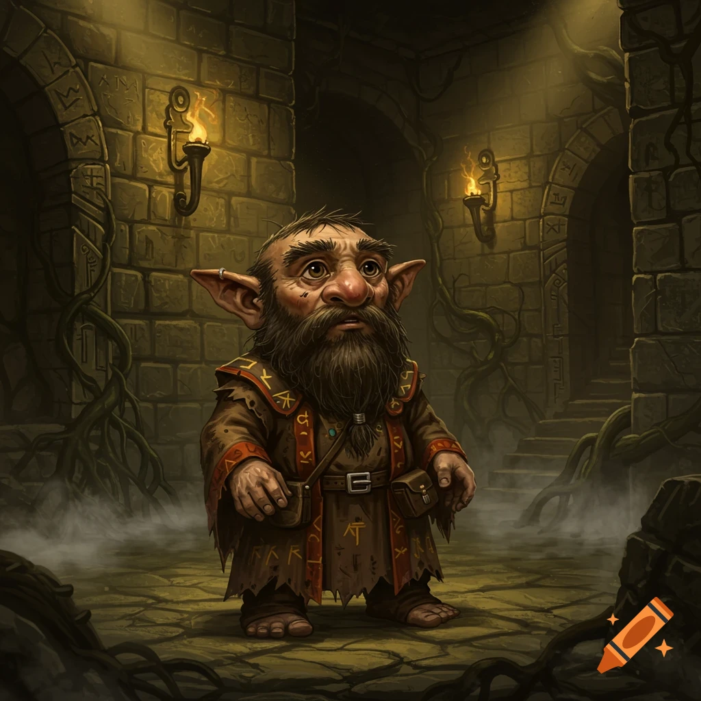 A bedraggled gnome acolyte with a long beard and pointed ears stands in a dark dungeon with torches on stone walls.