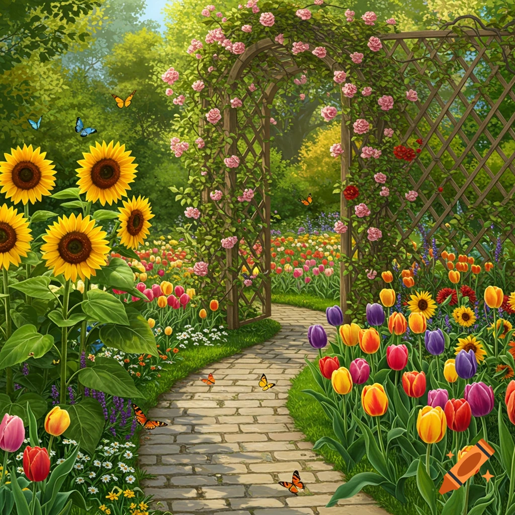 A vibrant garden scene with a brick path winding through beds of colorful tulips, sunflowers, and roses, leading to a rose-covered wooden archway.
