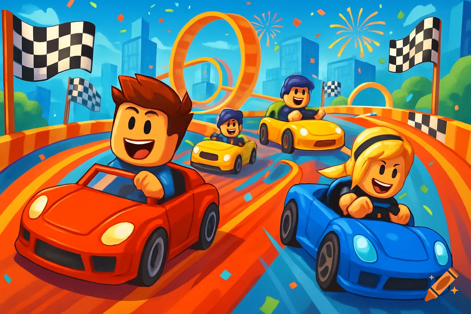 Colorful cartoon illustration of blocky characters racing cars on a vibrant track with loops, checkered flags, and a city skyline background, with confetti falling.