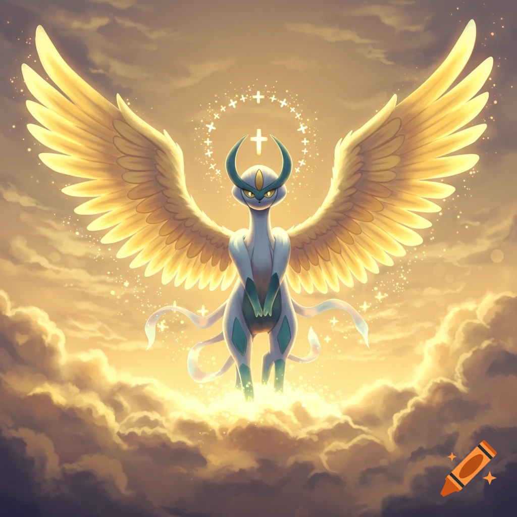 A winged creature resembling a Pokémon with a halo of crosses and a horned head, stands on golden clouds surrounded by sparkling light.
