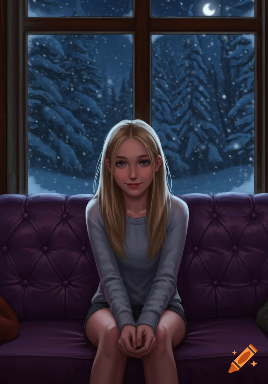 Digital painting of a young blonde woman sitting on a purple couch, a snowy forest and moon visible outside a window.