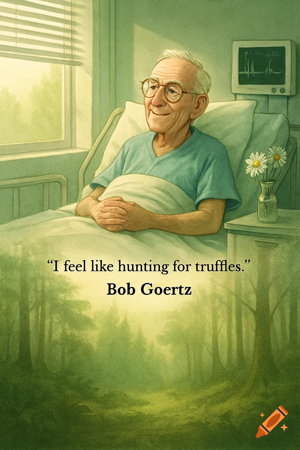An elderly man in a hospital bed smiles, with text "I feel like hunting for truffles. Bob Goertz" over a forest scene.
