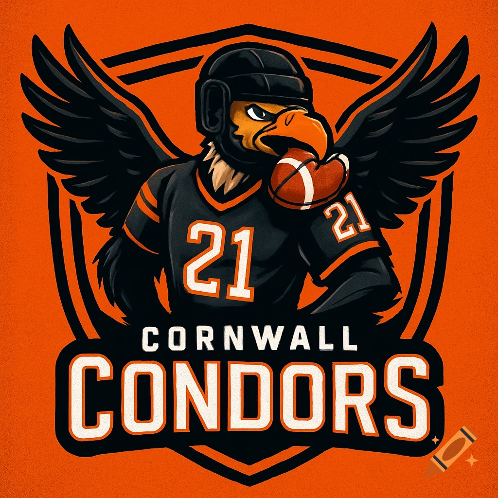 A black and orange sports logo featuring a cartoon condor in a football jersey with '21' and helmet, holding a football, with 'CORNWALL CONDORS' text.