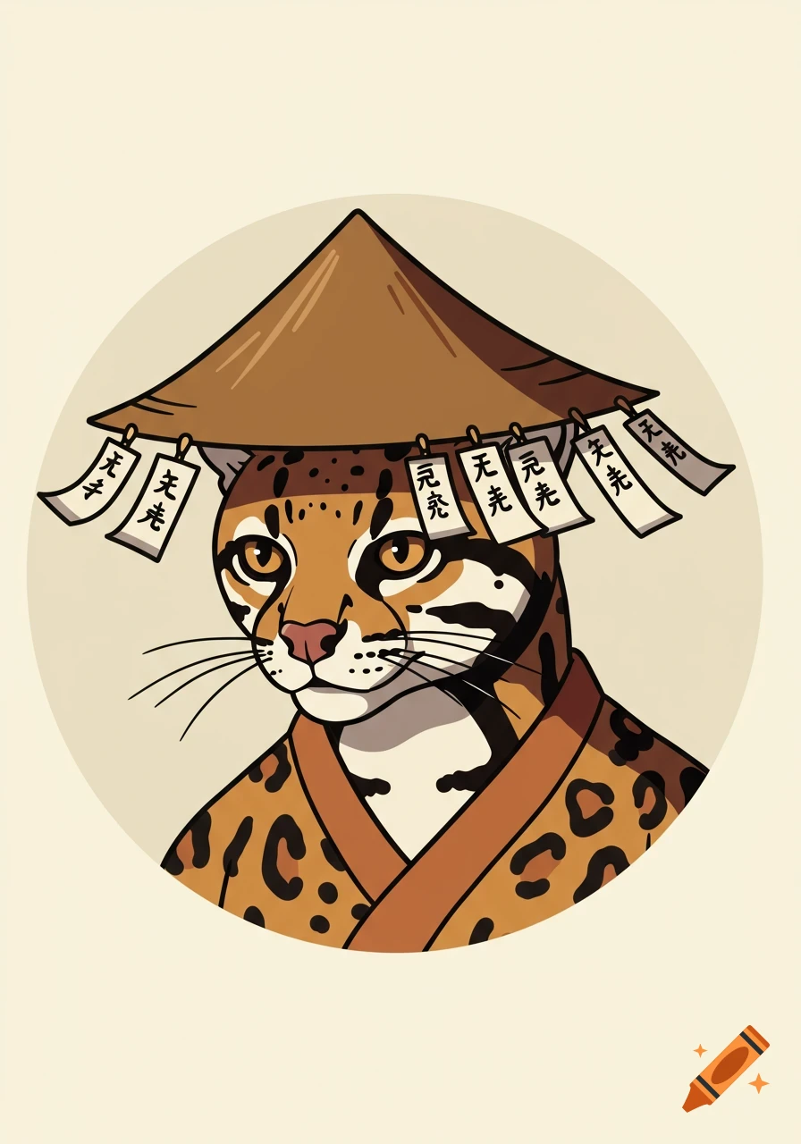 An anthropomorphic ocelot with orange and black spots wears a brown conical hat with dangling white paper talismans and a brown robe, depicted in a stylized illustration.