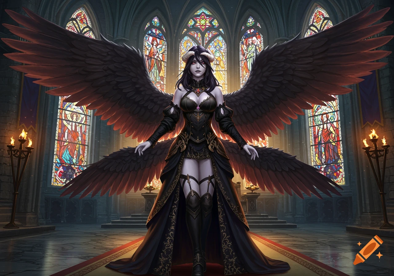A female demon character with large black wings and horns, wearing a gothic dress, stands inside a grand church with stained glass windows.