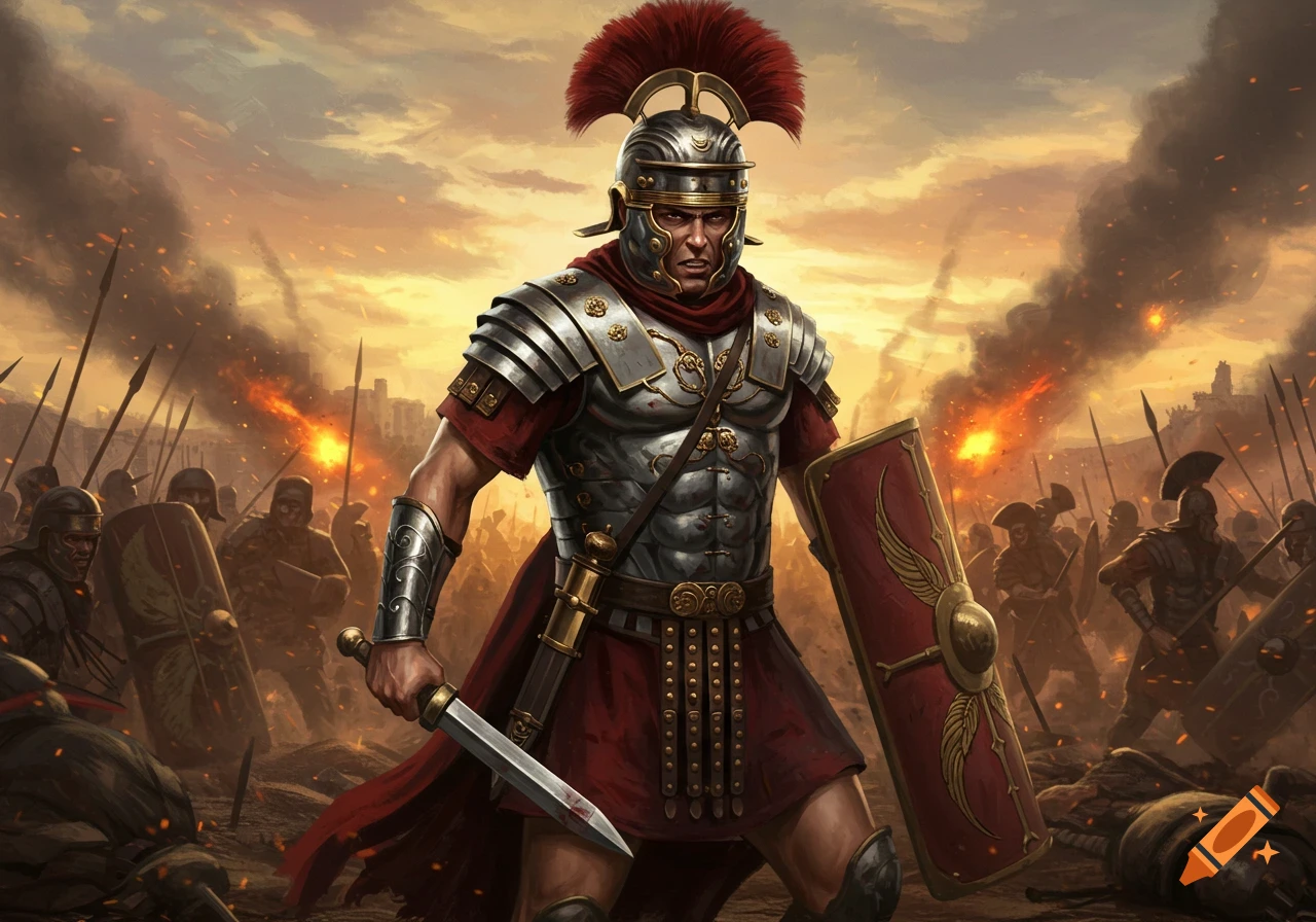 A Roman centurion in full armor holds a sword and shield, standing on a chaotic battlefield with smoke and fire at sunset.