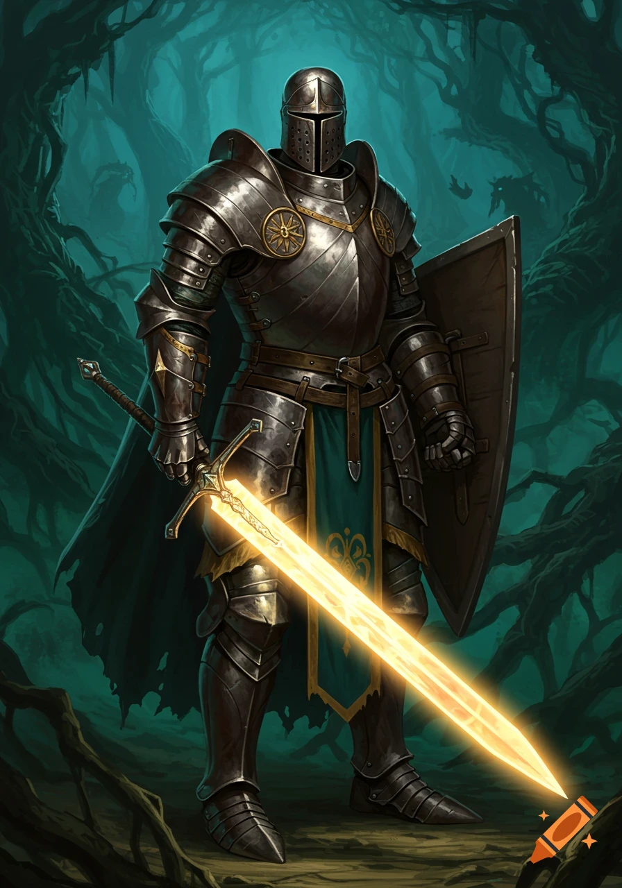 A knight in full plate armor holds a glowing magic sword and shield in a dark, mystical forest illustration.