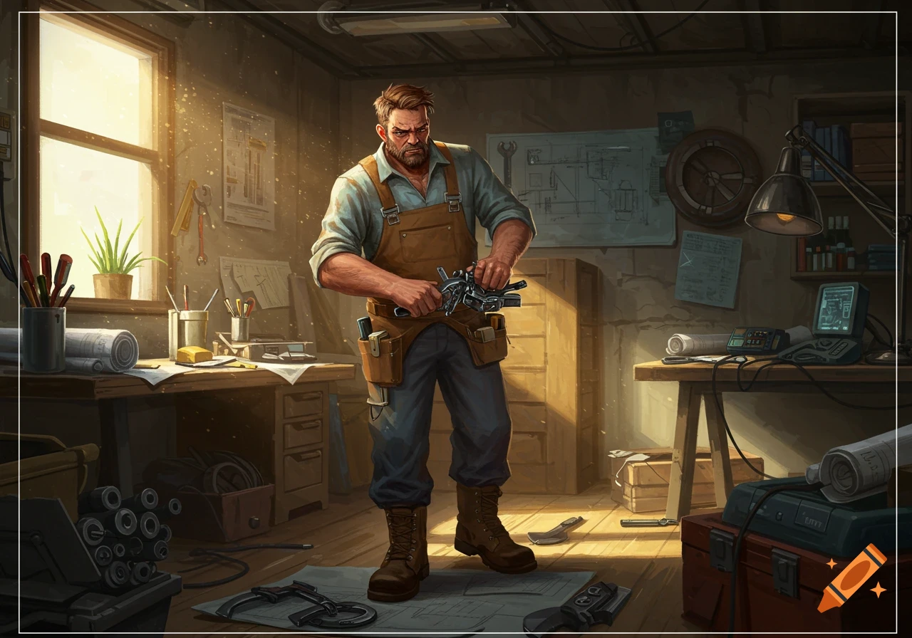 A determined man in a brown apron works on a metal contraption in a dusty, sunlit workshop filled with tools and blueprints. Digital art style.