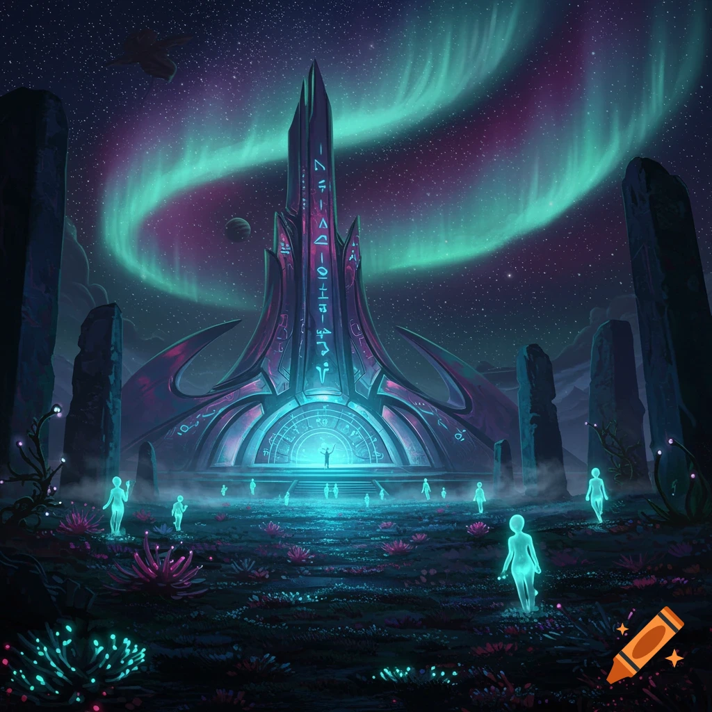 A futuristic alien temple under a vibrant green and purple aurora, with glowing figures and mystical symbols.