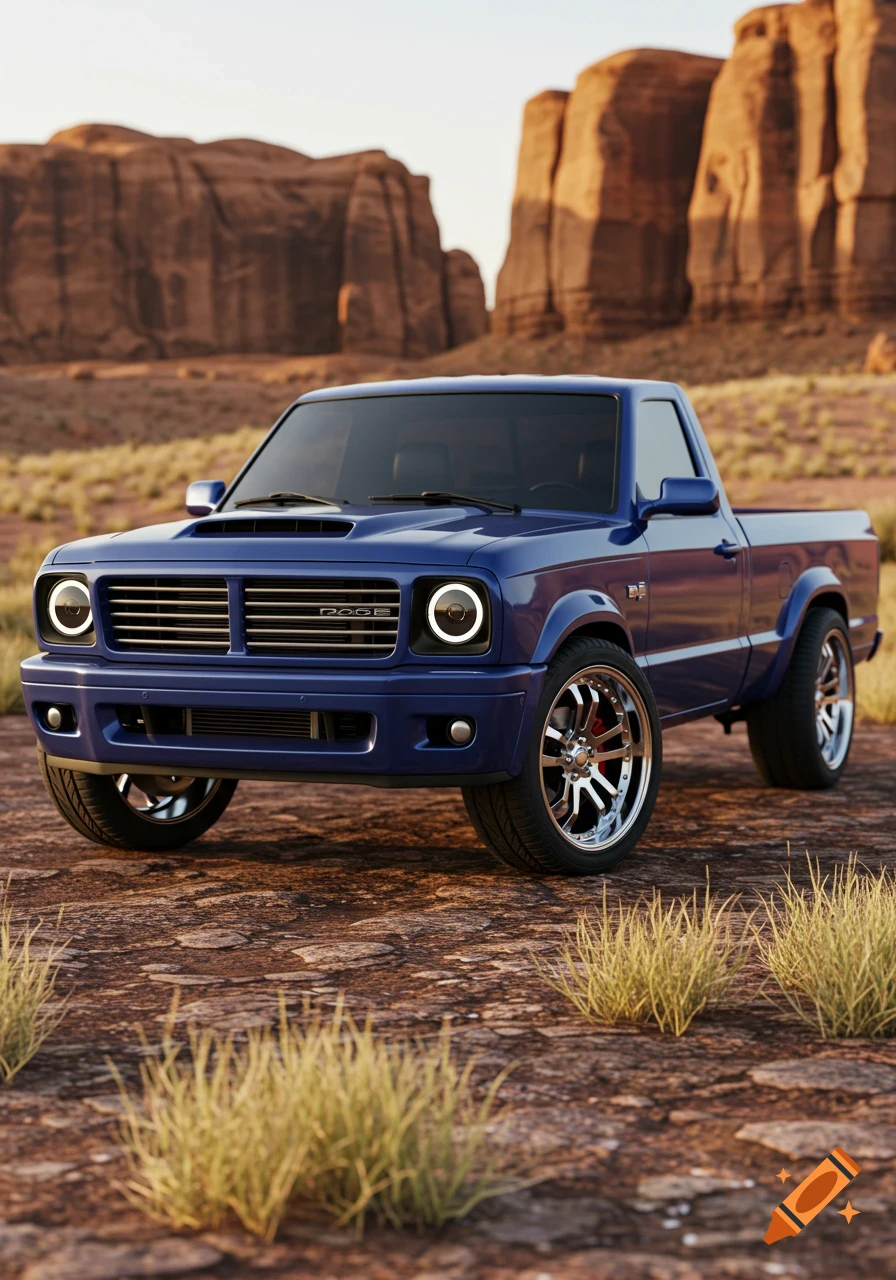 A blue custom pickup truck with a modified grille parked on a rocky desert floor with large mesas in the background.