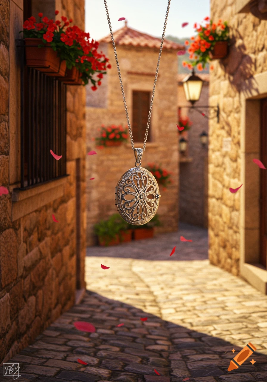 A silver locket with filigree design hangs in a narrow cobblestone street lined with stone buildings and red flowers. Red petals fall.