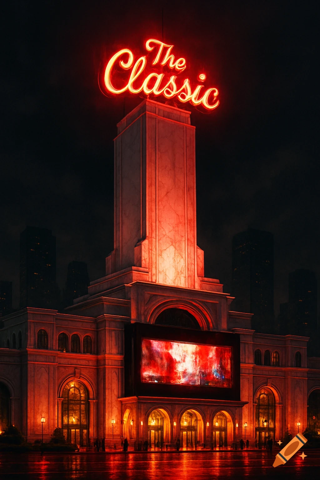 A grand, art deco-style building at night with a glowing red neon sign saying 'The Classic' on its tower, reflected on a wet street.