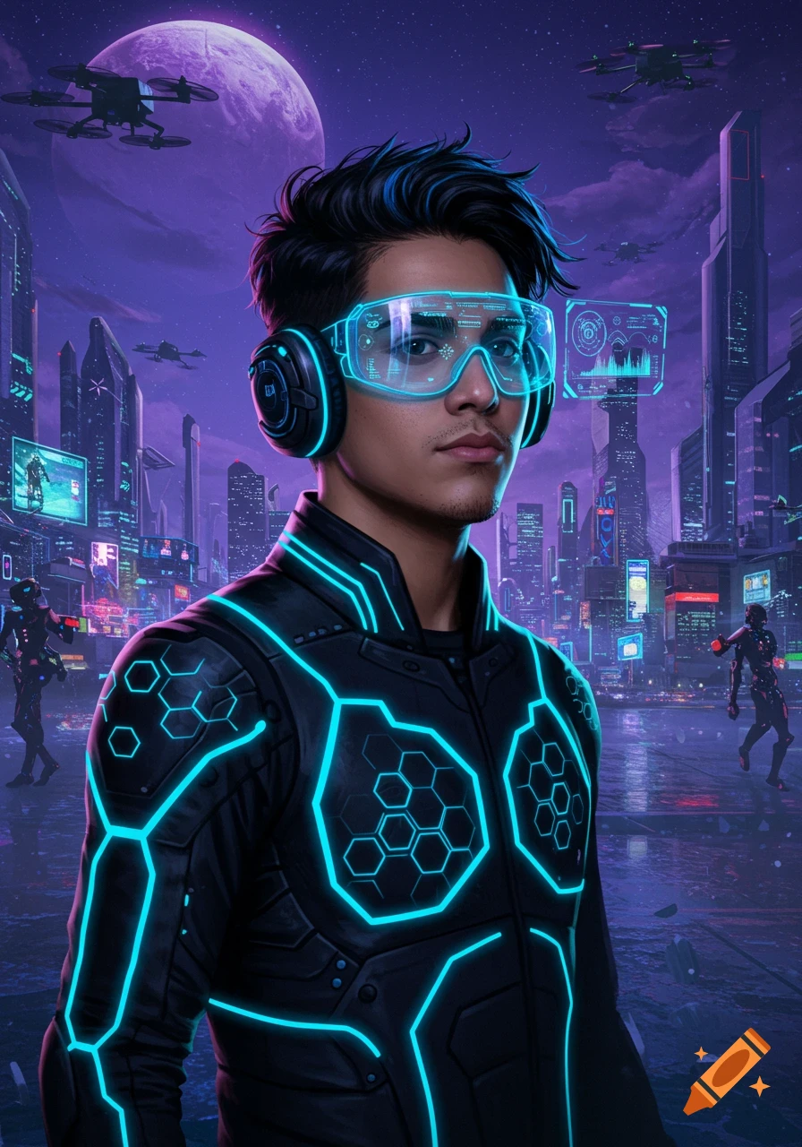 Man in a glowing cyberpunk suit with VR goggles in a neon futuristic city under a purple moon.