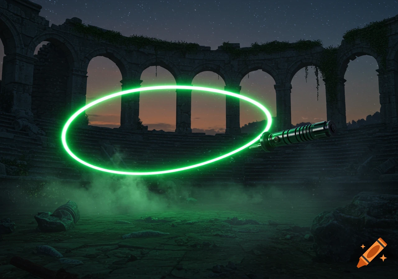 A vibrant green lightsaber floats, leaving an elliptical glow over ancient stone ruins under a starry night sky with a hazy green ground fog.