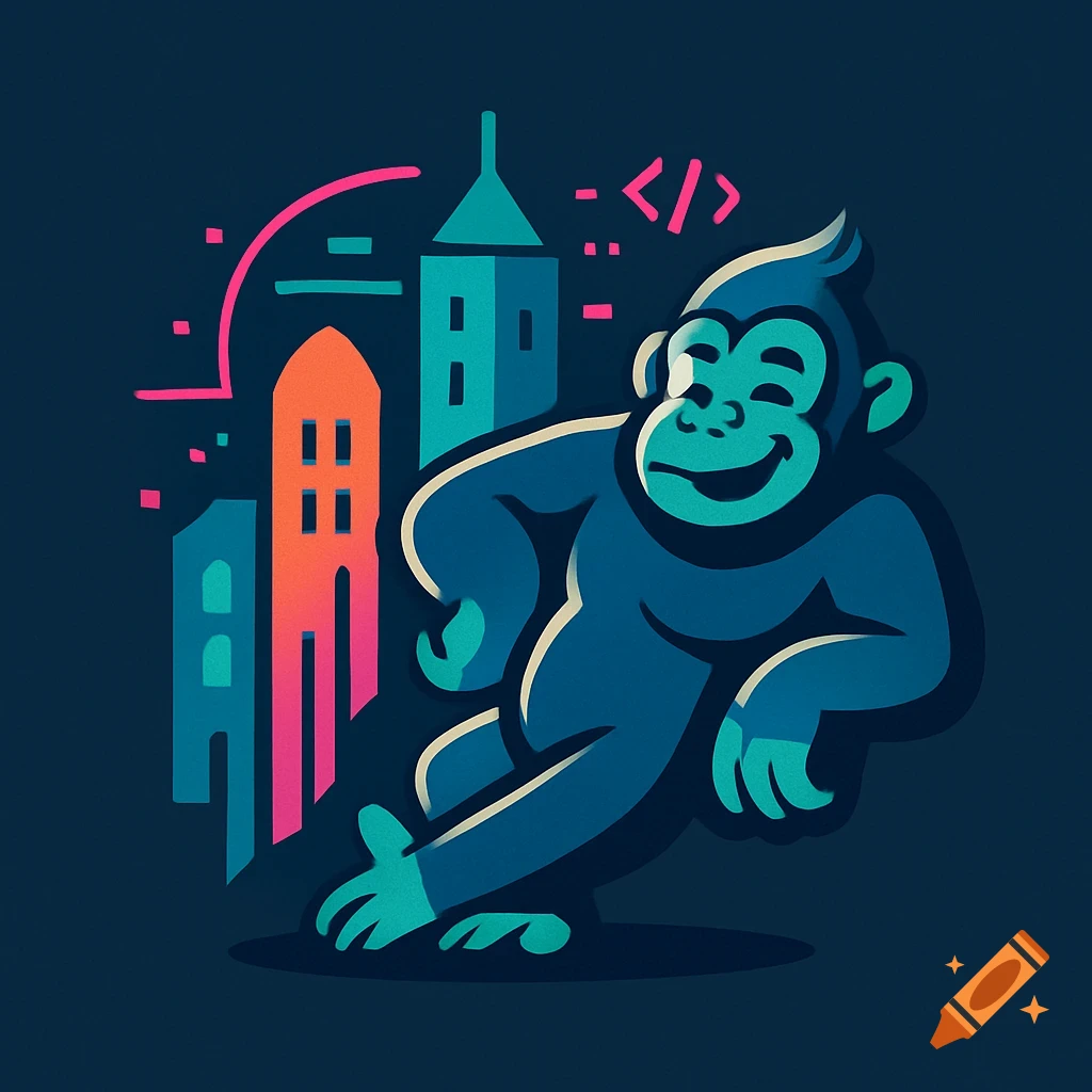 A stylized blue monkey with a happy expression standing in front of urban buildings with a code symbol.