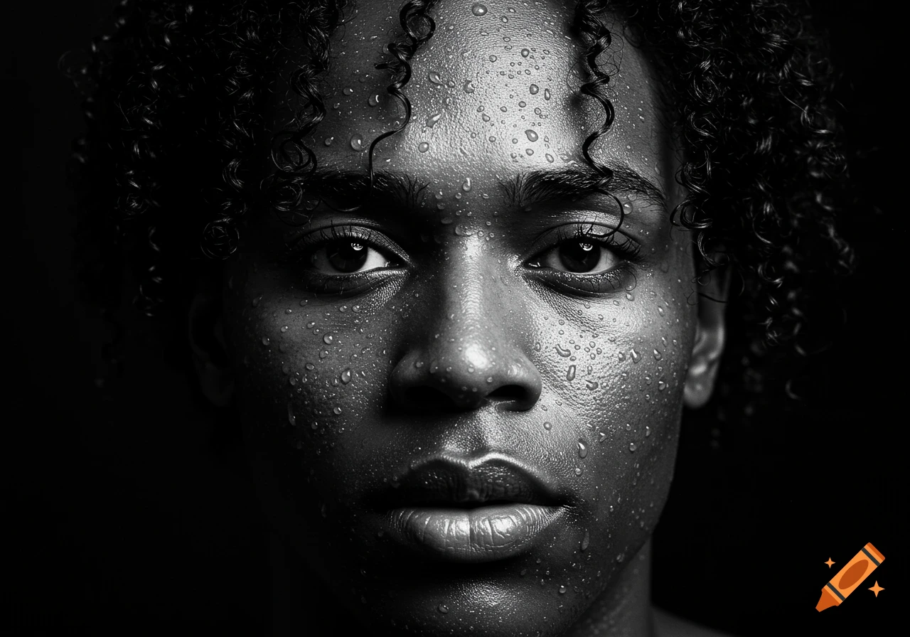 High-contrast black and white close-up portrait of a person with curly hair and water droplets on their face.