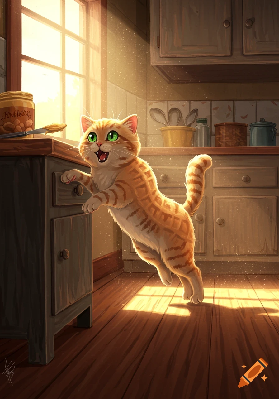 Cartoon orange cat jumping onto a kitchen counter with a jar of Pond Butter in sunlight.