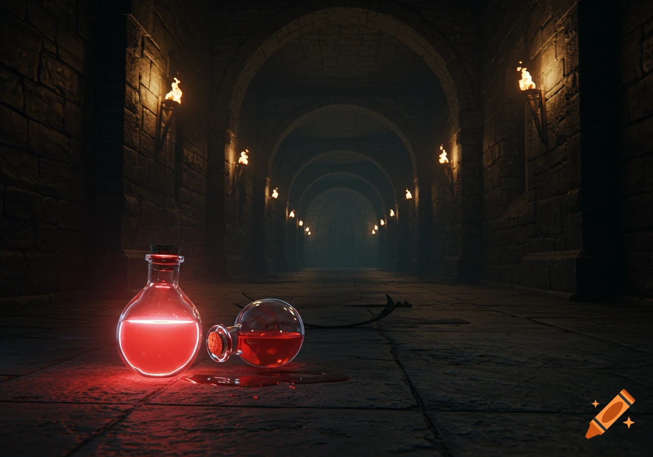 A dark dungeon hallway with glowing red potions on the stone floor, one upright and one spilled, with a scythe nearby.