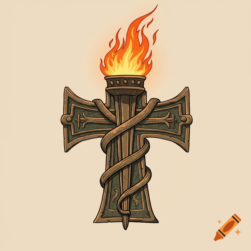 A stylized Nestorian cross with a burning torch wrapped by a vine, in a tattoo art style.