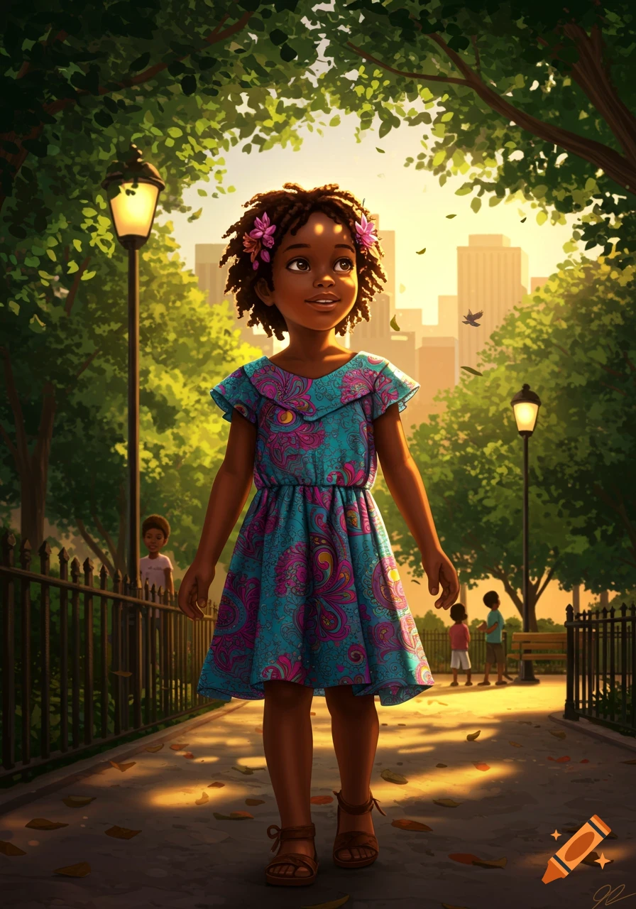 An illustration of a young Black girl with flowers in her hair, walking through a sunlit park with trees and city buildings in the background.